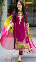 Omal Komal - 3pc Embroidered Lawn with Simple 2 Tone Chiffon Dopatta