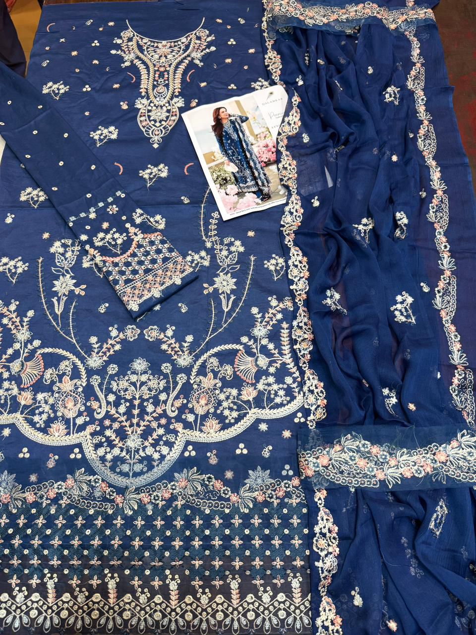 Qalamkar - 3pc Embroidered Lawn with Emb Chiffon Dopatta