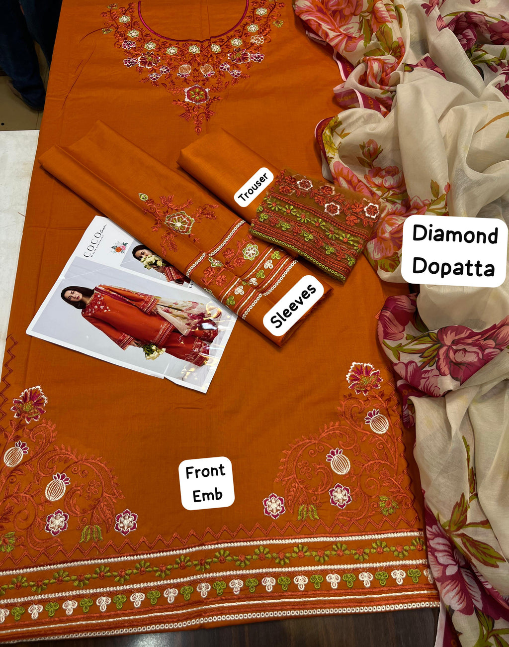 Zarashahjahan - 3pc Embroidered Lawn with Printed Diamond Dopatta