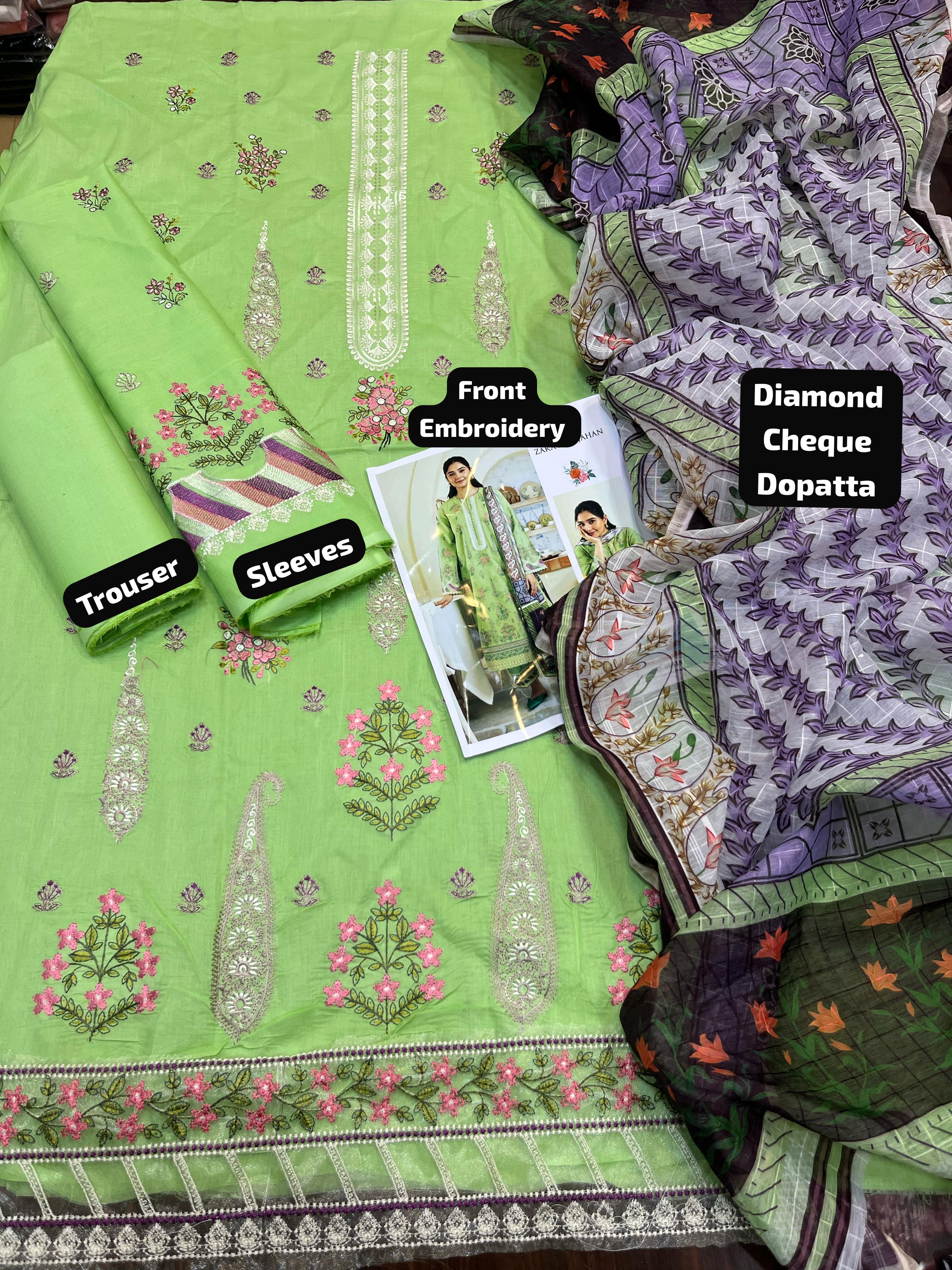 Zarashahjahan - 3pc Embroidered Lawn with Digital Print Diamond Dopatta