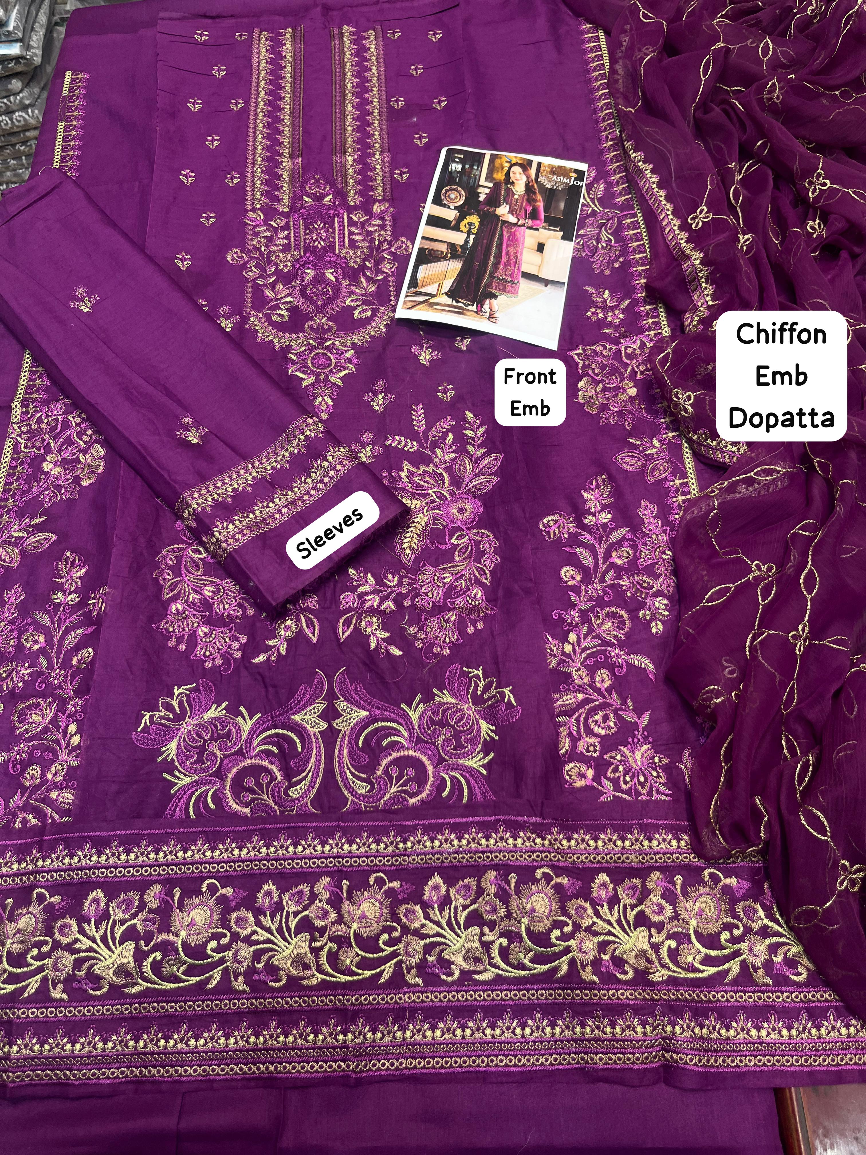 Asim Jofa - 3pc Embroidered Lawn with Emb Chiffon Dopatta