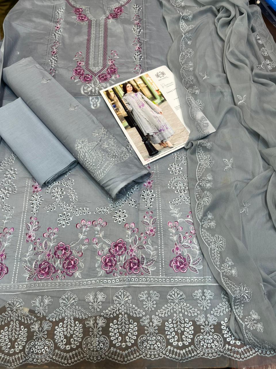 Mushq- 3pc Embroidered Lawn with Emb Chiffon Dopatta