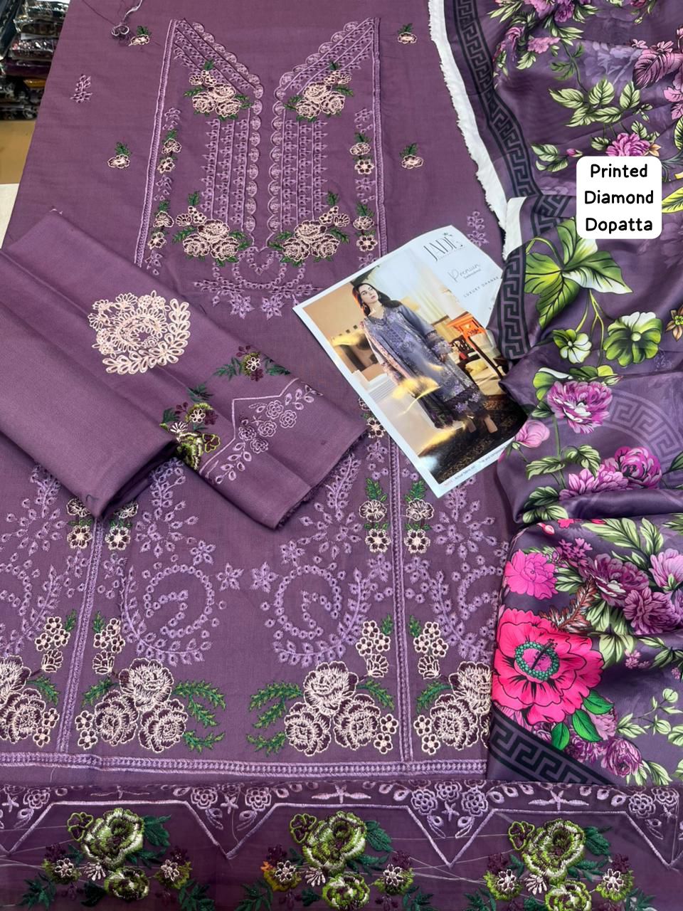 JADE - 3pc Lawn Embroidered with Digital Print Diamond Dopatta