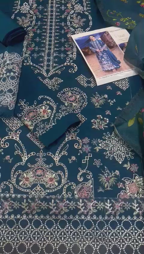 Qalamkar - 3pc Heavy Embroidered Lawn with Printed Soft diamond Dopatta