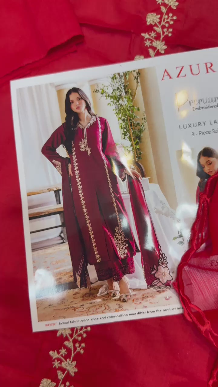 Azure - 3pc Embroidered Lawn with Emb ready to wear Chiffon Dopatta