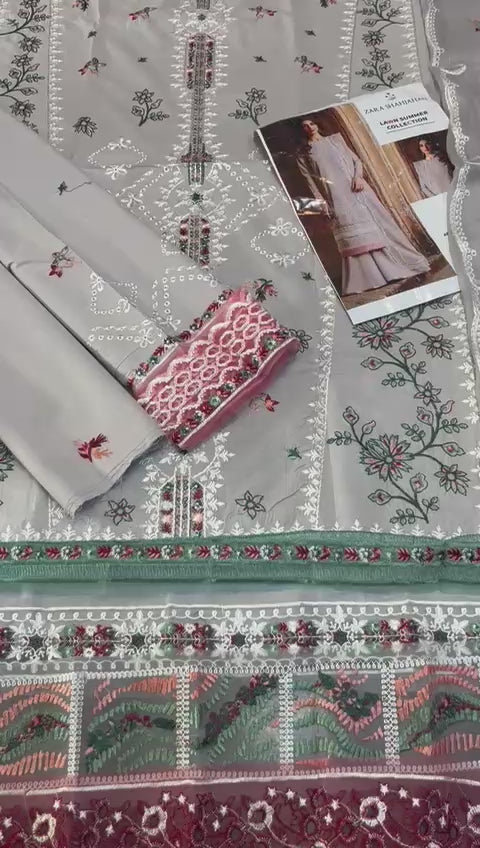 Zara Shahjahan - 3pc Heavy Embroidered Lawn with Ready to wear Emb Chiffon Dopatta