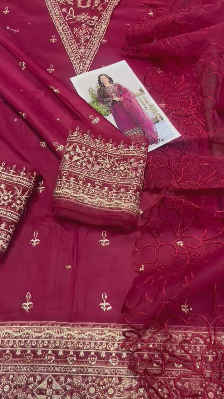 Qalamkar - 3pc Embroidered Lawn with Emb Organza Dopatta