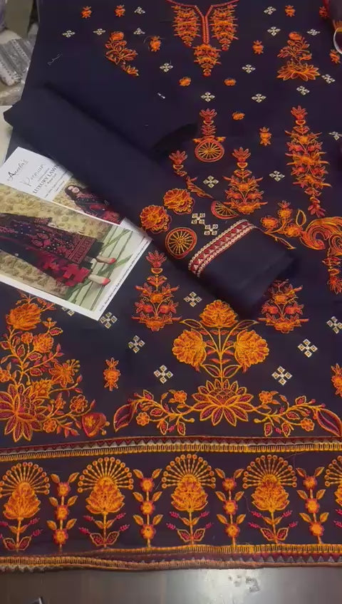 Aneela,s - 3pc LAWN Embroidered with Printed Diamond Dopata