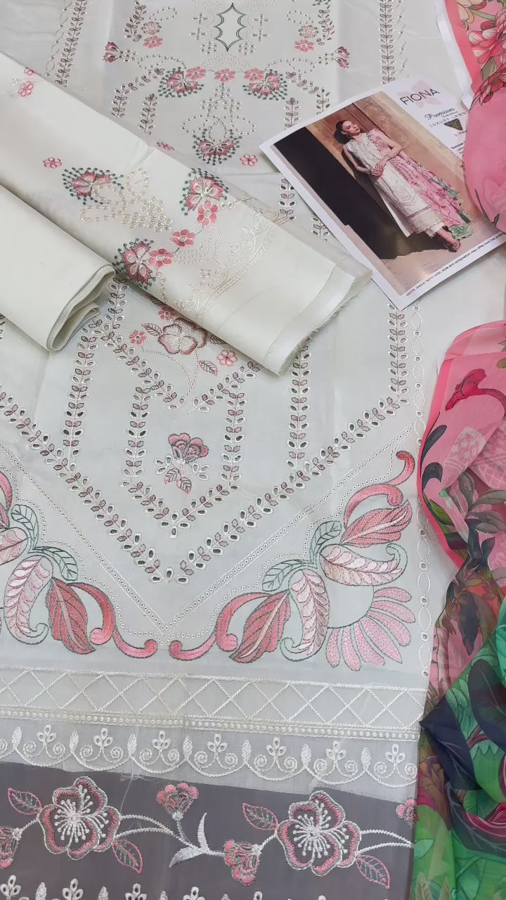 Flona - 3pc Embroidered Lawn with Printed Soft Chiffon Dopatta