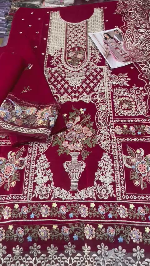 Chrimson - 3pc Chikenkari Embroidered Lawn with Emb khaadi Net Dopatta