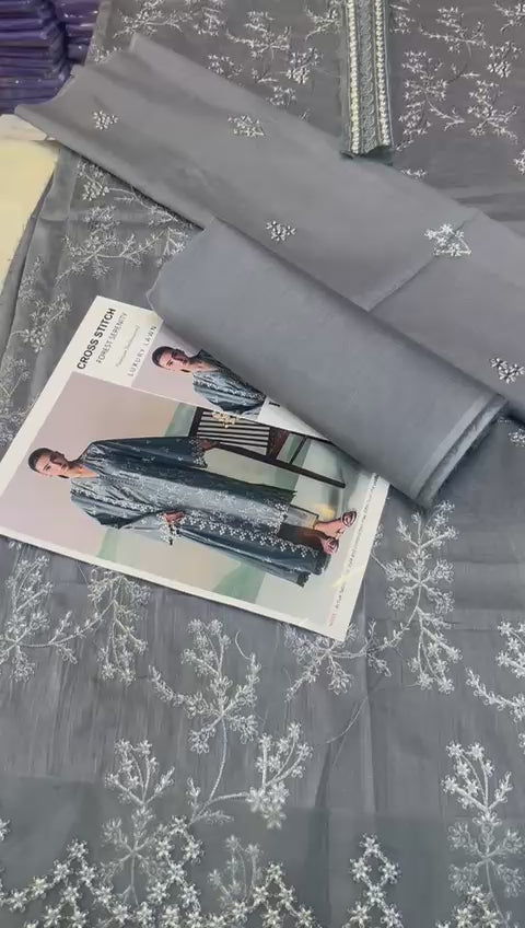 Cross stitch - 3pc Embroidered Lawn with Emb Chiffon Dopatta